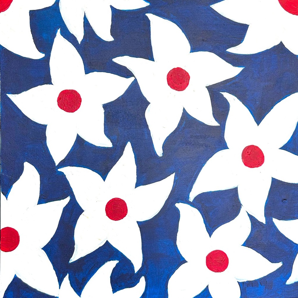 Navy blue and red and white flower painting 1’5ft ,1’5ft